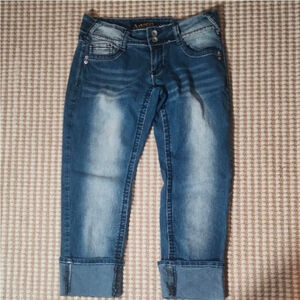 Y2K Juniors Angel Jean Blue Cropped Cuffed Embellished Jeans Size 9